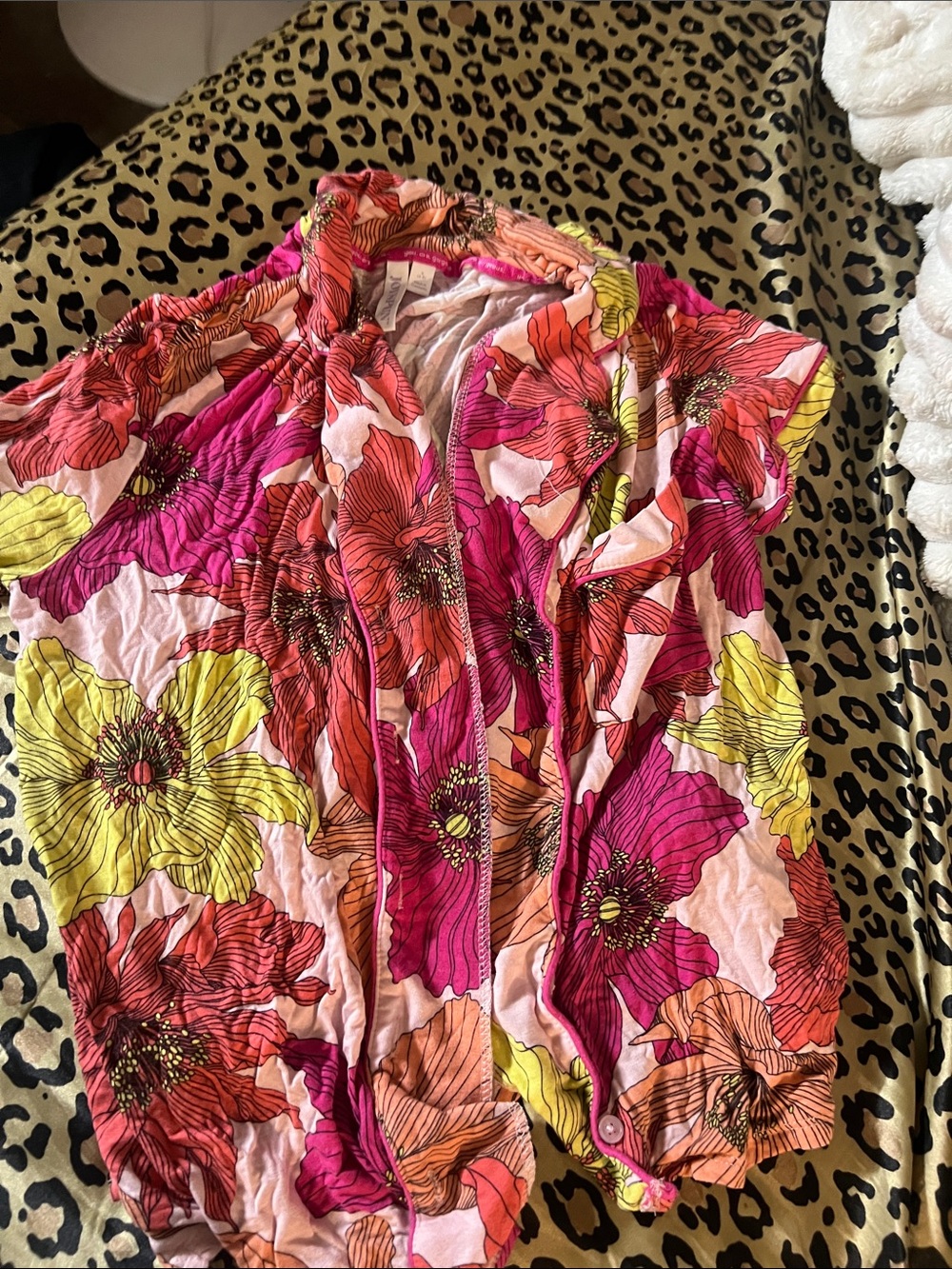 Bright Floral Button-Front Blouse in Pink, Fuchsia & Yellow